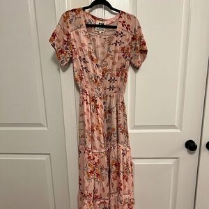 Anthro Jaase pink floral button up V neck maxi dress, EUC! Medium